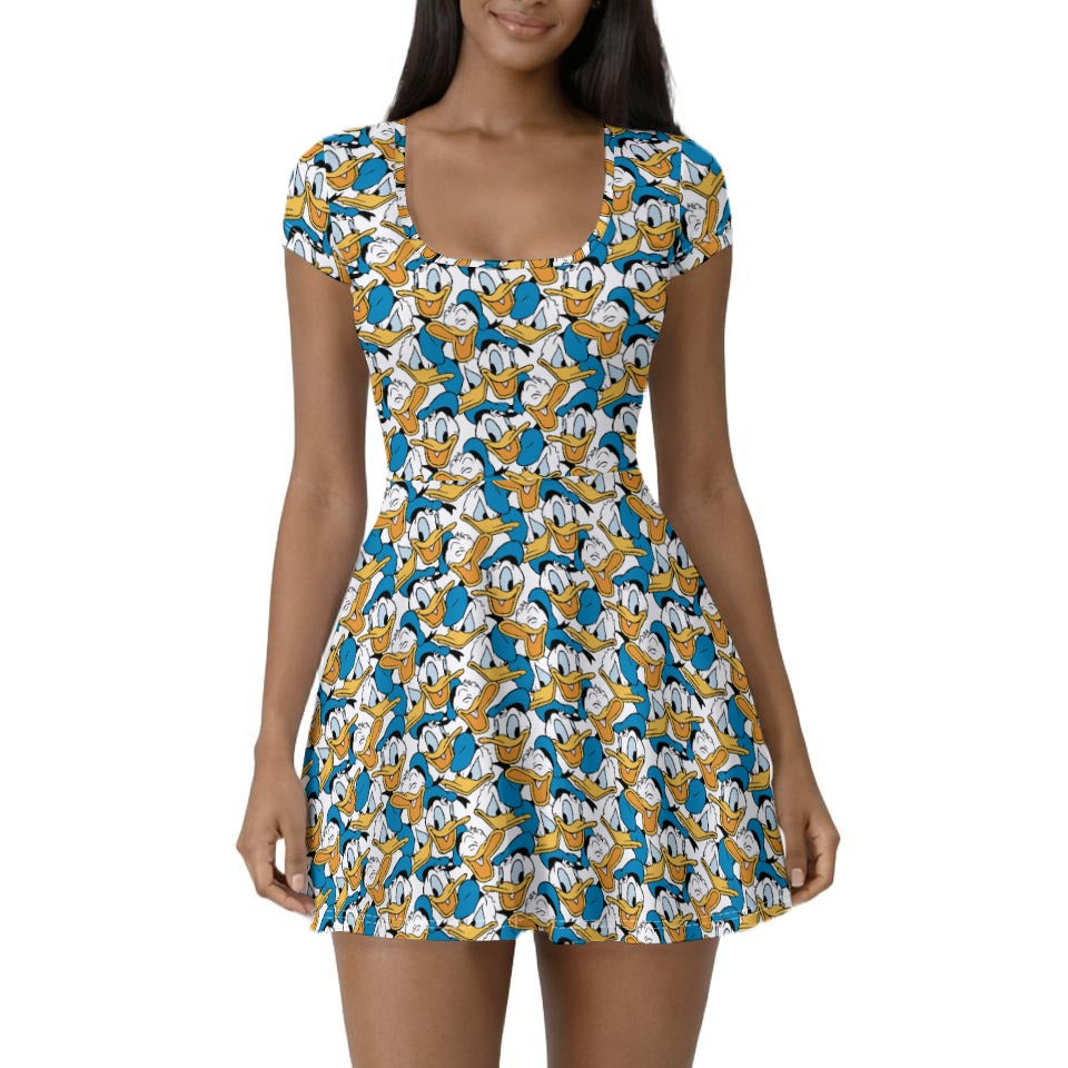 Many Faces of Feisty Duck - Women’s Short Sleeve Athletic Skater Dress with Built-In Shorts