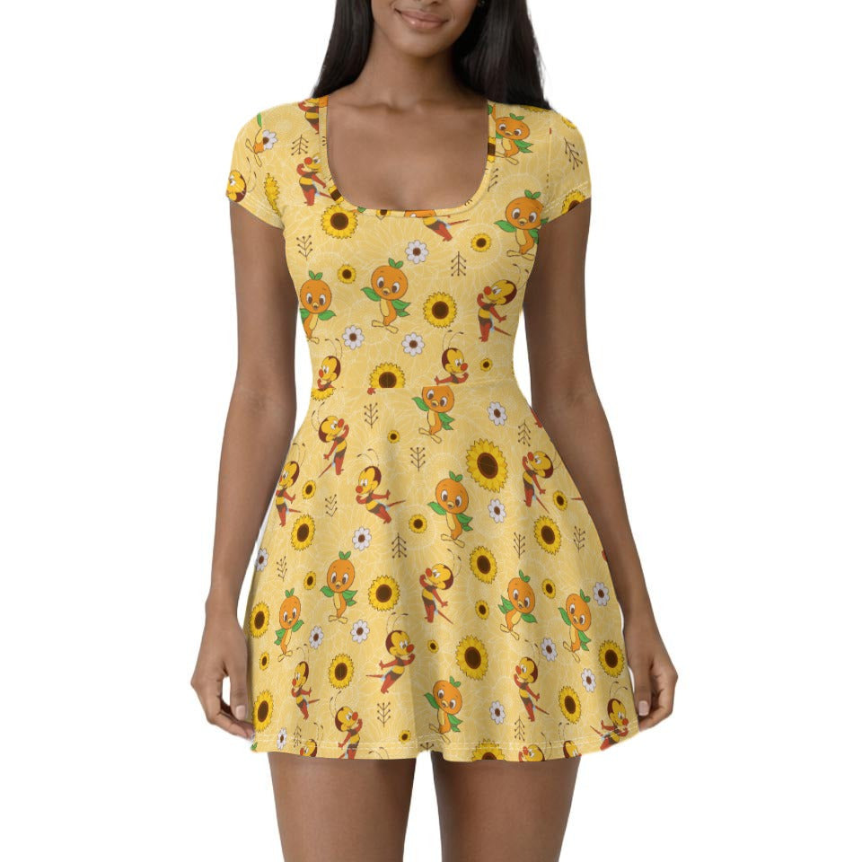 Cheerful Bee & Citrus Bird - Women’s Short Sleeve Athletic Skater Dress with Built-In Shorts