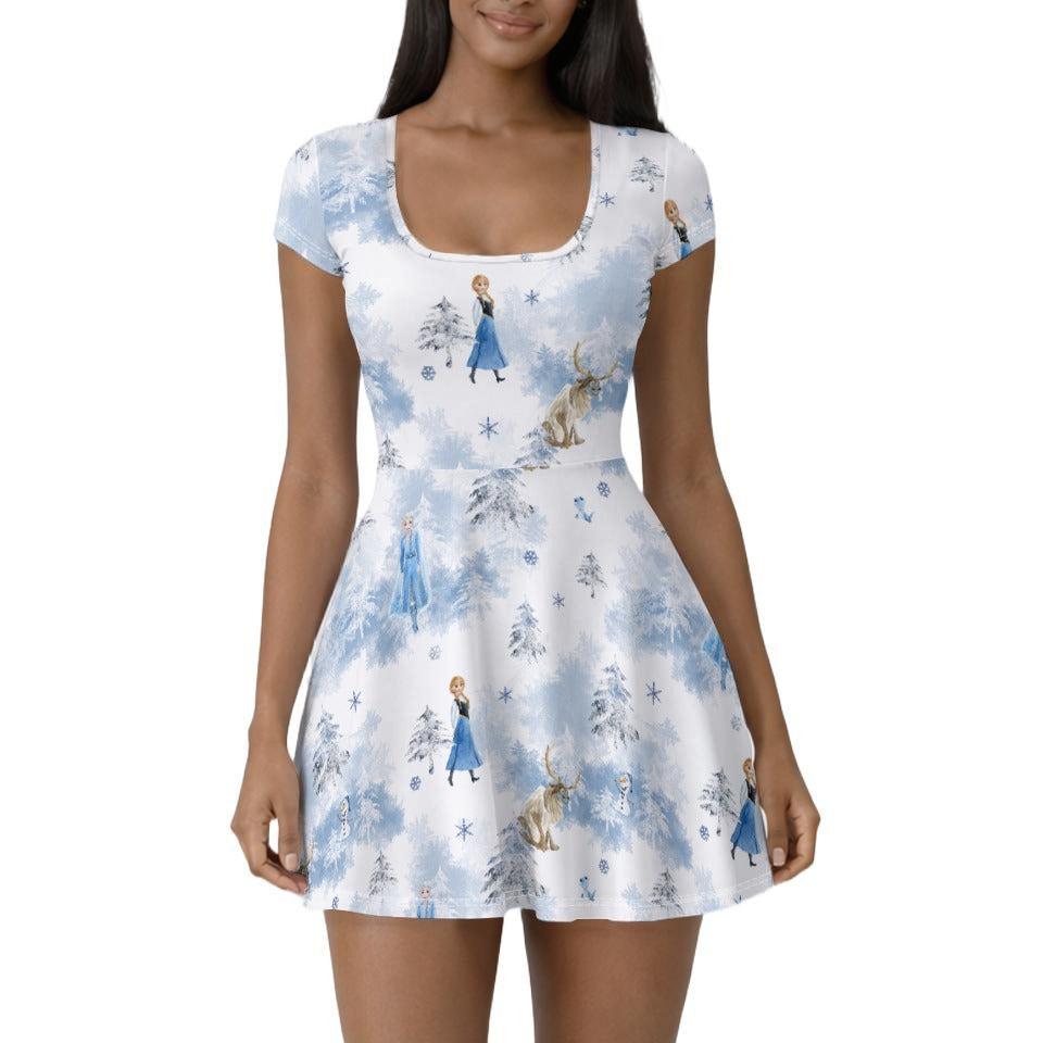 Enchanted Winter Landscape - Women’s Short Sleeve Athletic Skater Dress with Built-In Shorts