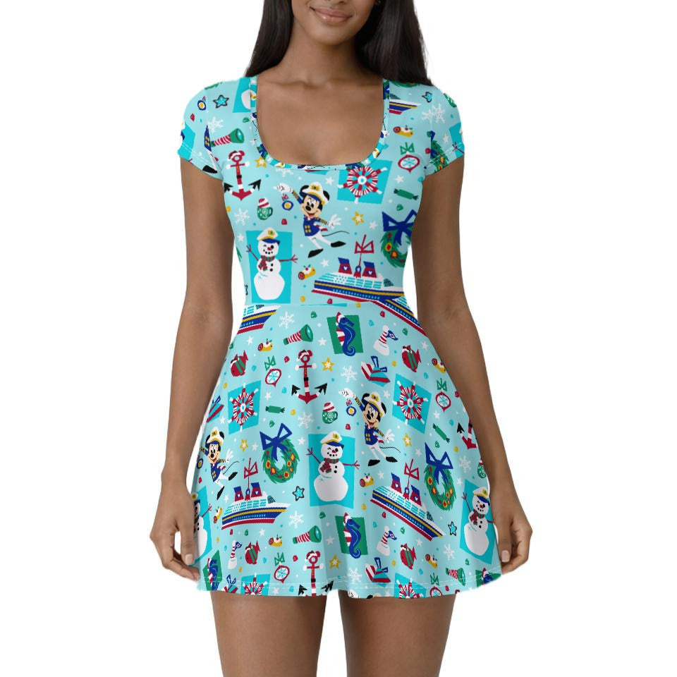 Mouse's Merry Cruise - Women’s Short Sleeve Athletic Skater Dress with Built-In Shorts
