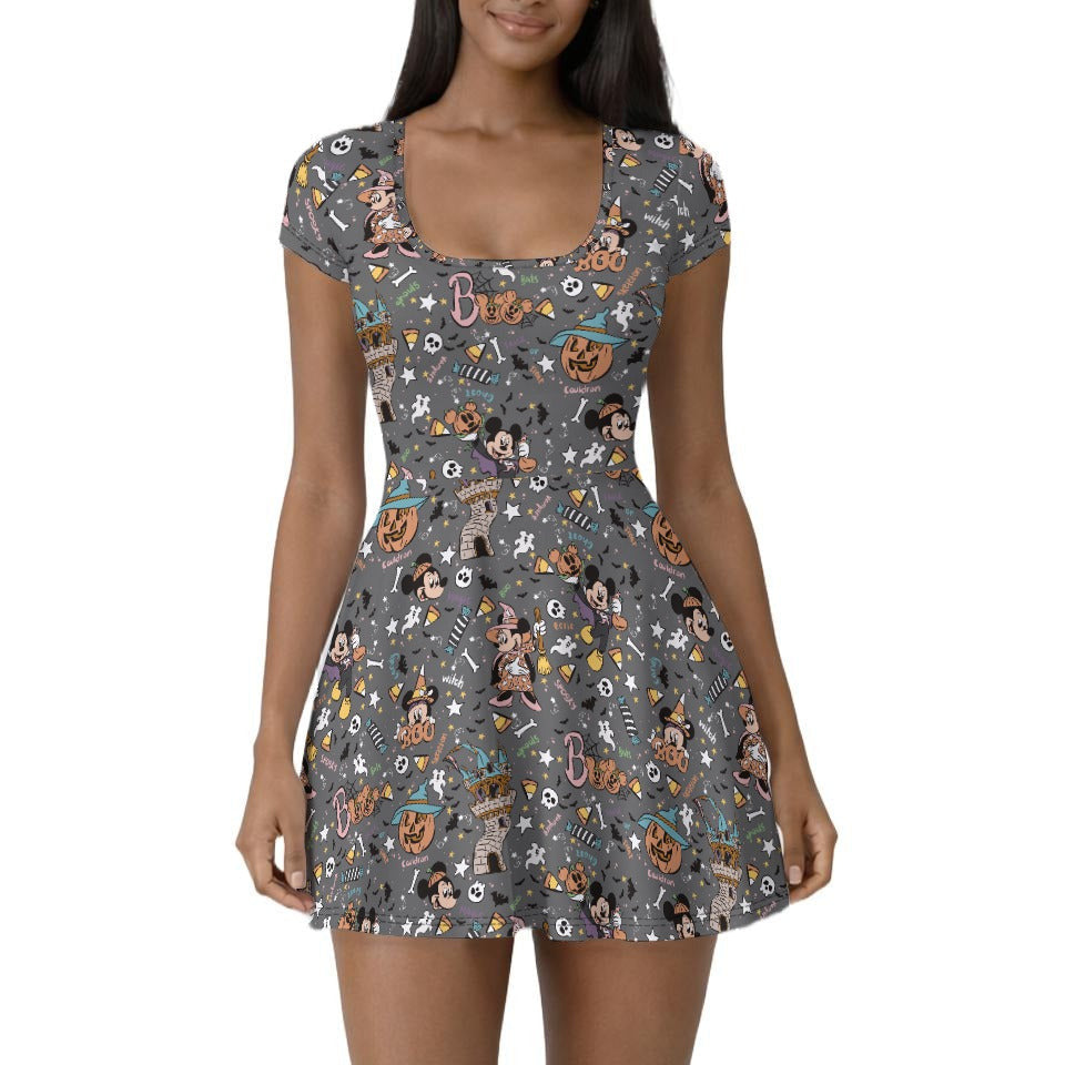 Spooky Spellbook Doodles - Women’s Short Sleeve Athletic Skater Dress with Built-In Shorts