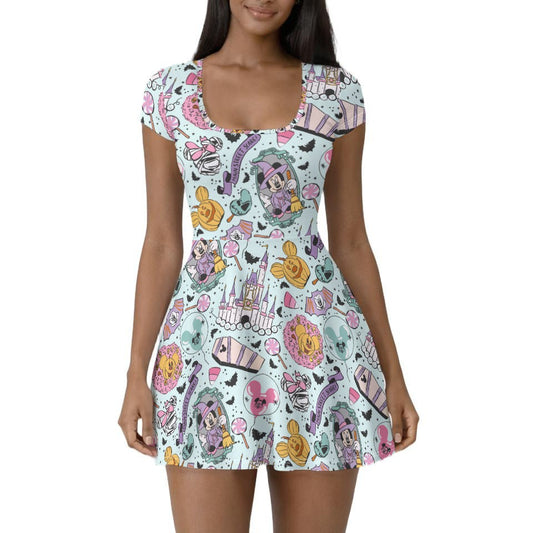 Pastel Spooky Party - Women’s Short Sleeve Athletic Skater Dress with Built-In Shorts