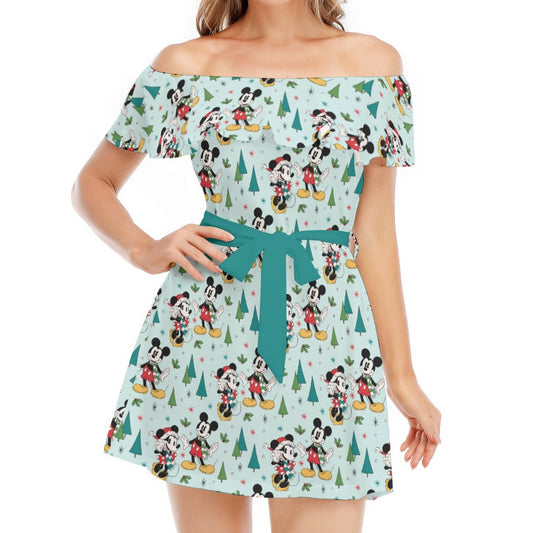 Mouse Friends Evergreen Stroll - Women's Off-shoulder Ruffle Dress