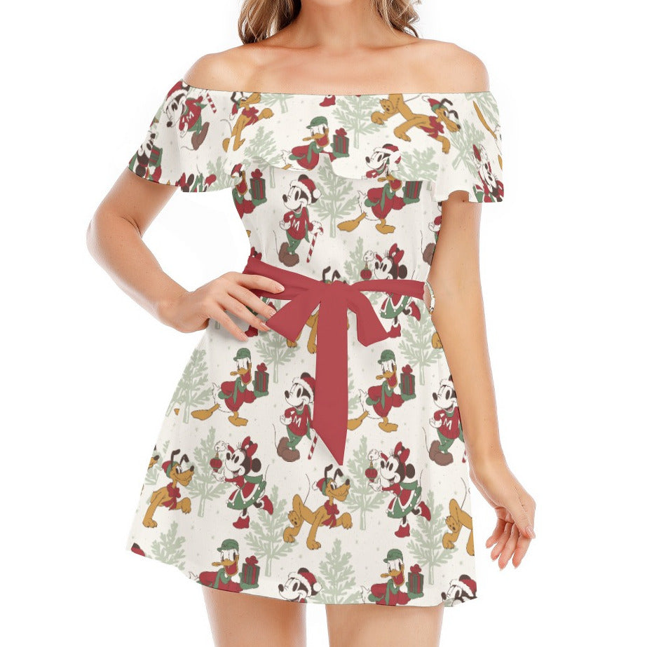 Classic Cartoon Crew Tinsel Trade - Women's Off-shoulder Ruffle Dress