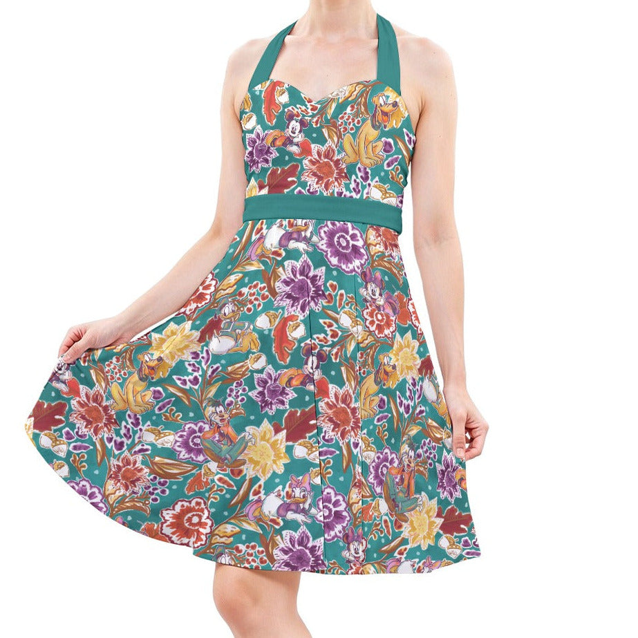 Mouse and Friends Fall Garden - Women's Halter Vintage Pocket Dress