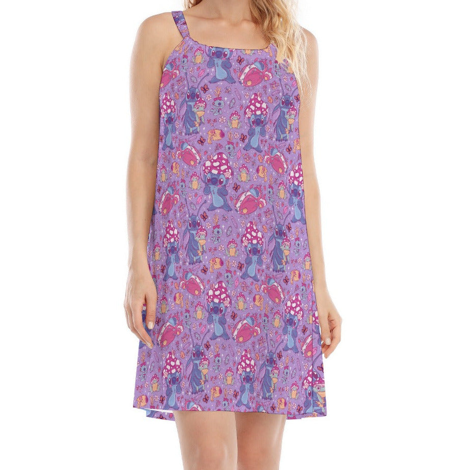 Blue Alien Mushroom Mischief - Women’s Adjustable Sundress