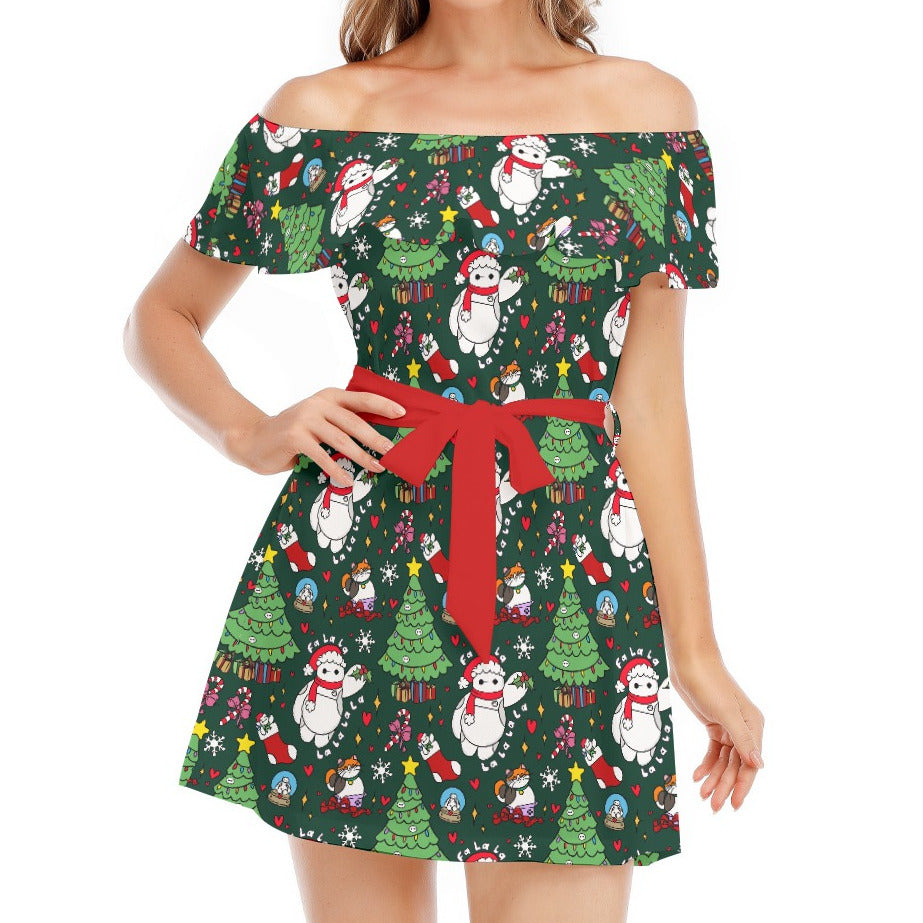 Robot Christmas Cheer - Women's Off-shoulder Ruffle Dress