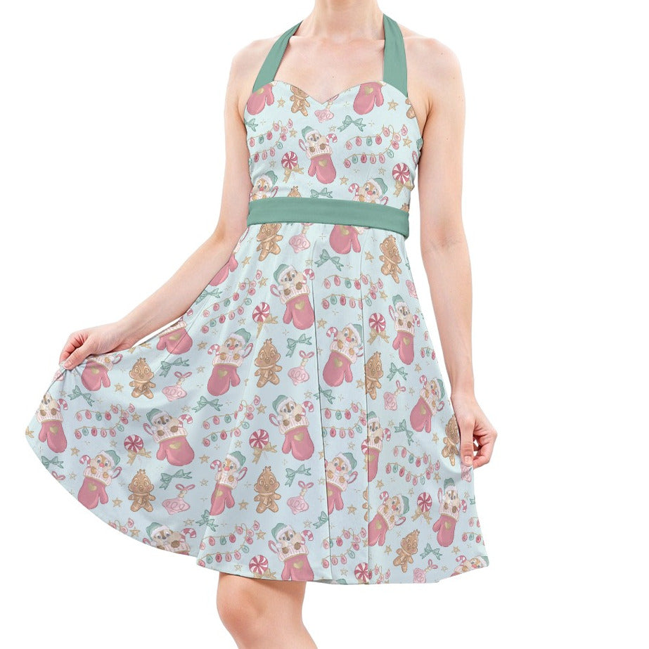 Cheeky Chipmunks Candy Cane Cheer - Women's Halter Vintage Pocket Dress