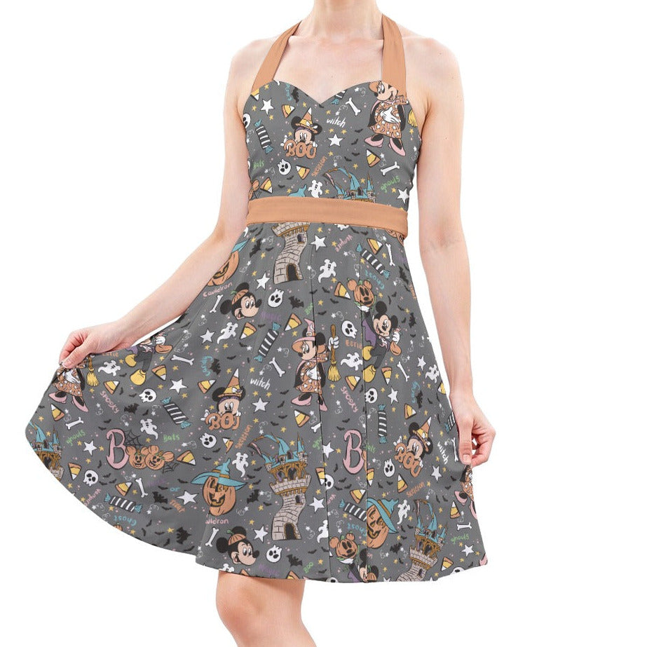 Spooky Spellbook Doodles - Women's Halter Vintage Pocket Dress