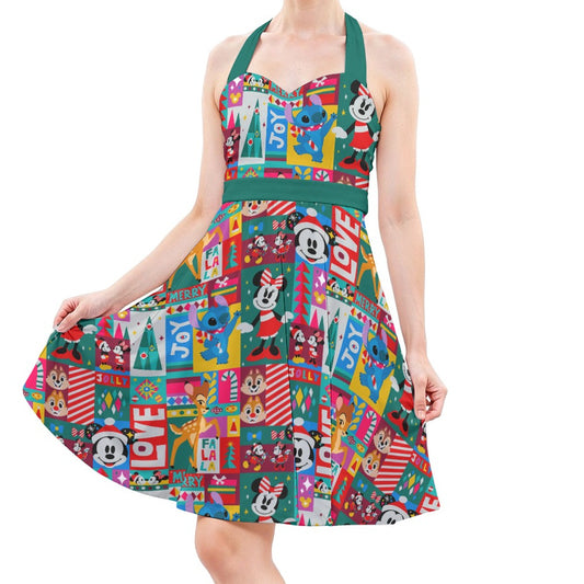Mouse Christmas Colorblock - Women's Halter Vintage Pocket Dress