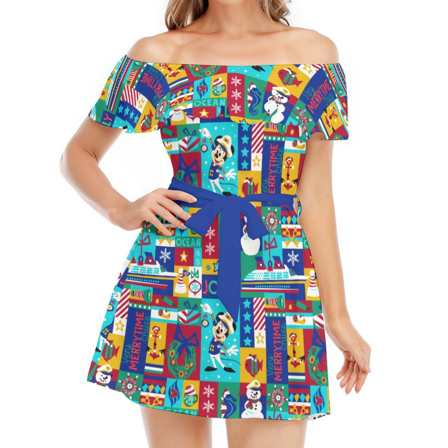 Sailor's Merry-at-Sea Patchwork - Women's Off-shoulder Ruffle Dress