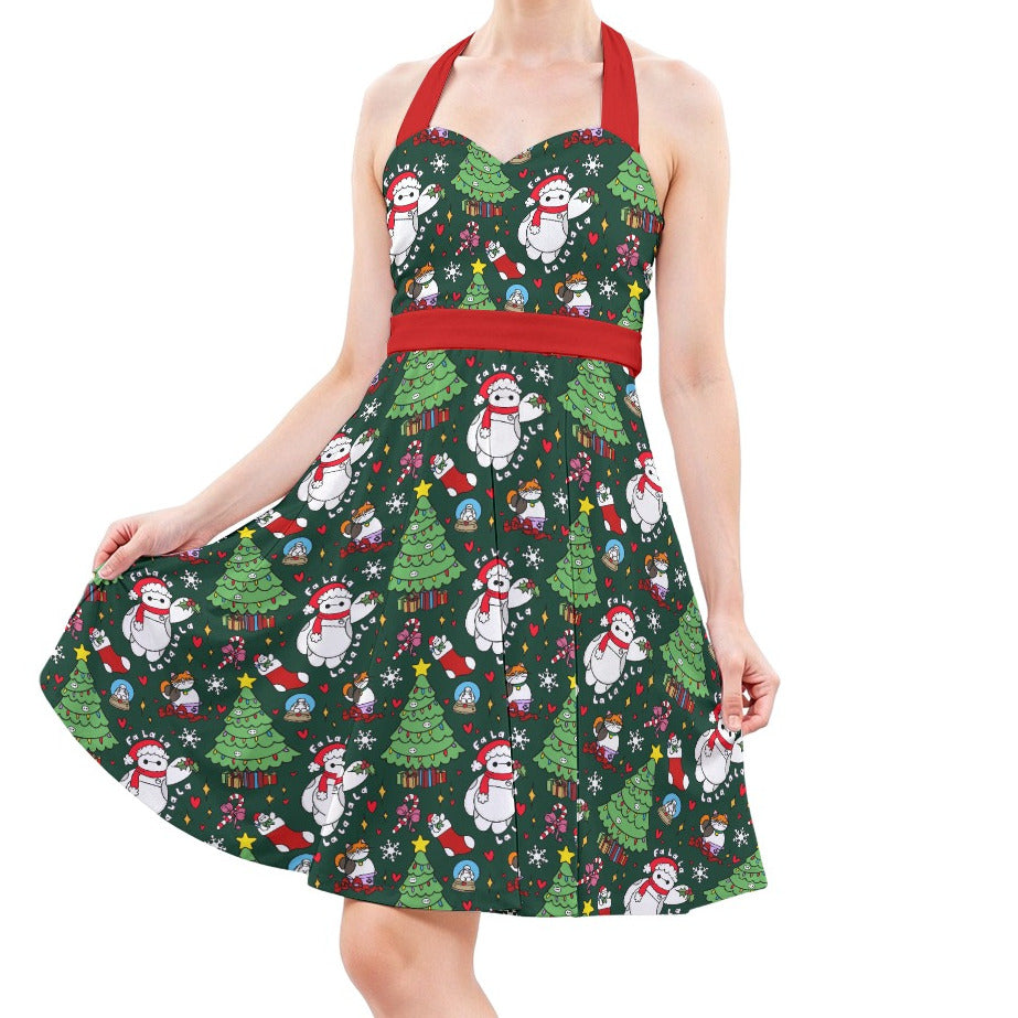 Robot Christmas Cheer - Women's Halter Vintage Pocket Dress