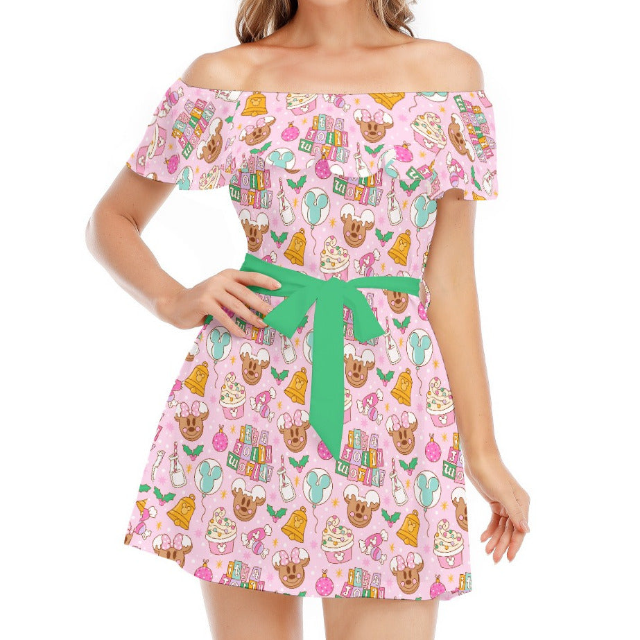 Tiny World Christmas Sugar Rush - Women's Off-shoulder Ruffle Dress