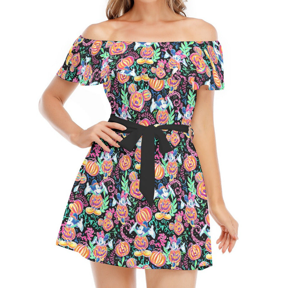 Mouse and Friends Pumpkin Parade - Women's Off-shoulder Ruffle Dress