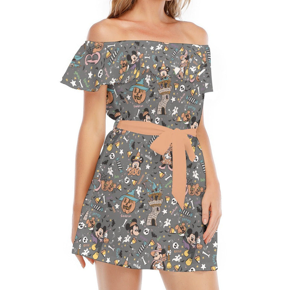Spooky Spellbook Doodles - Women's Off-shoulder Ruffle Dress