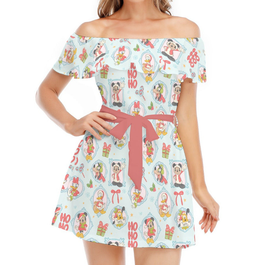 Holiday Character Ho Ho Cameos - Women's Off-shoulder Ruffle Dress