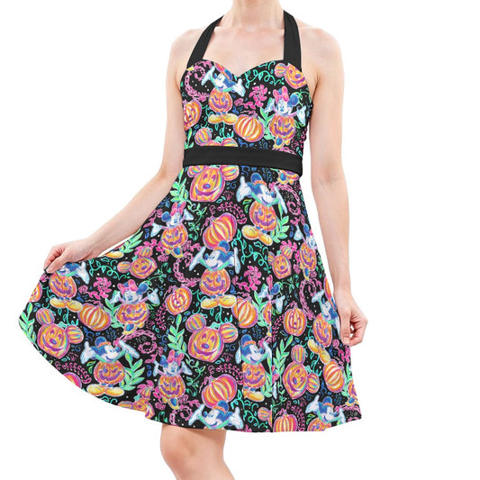 Mouse and Friends Pumpkin Parade - Women's Halter Vintage Pocket Dress