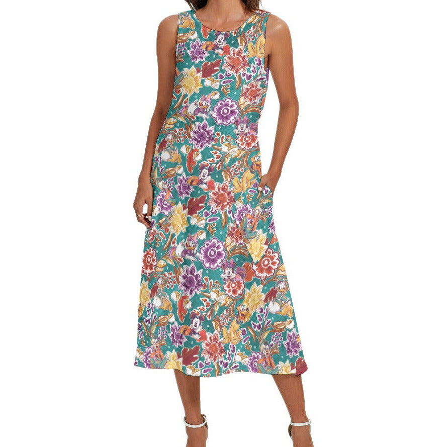 Mouse and Friends Fall Garden - Women’s Diagonal Pocket Midi Dress