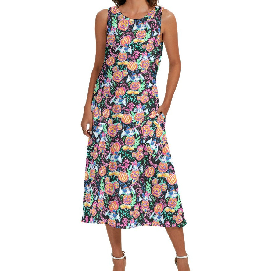 Mouse and Friends Pumpkin Parade - Women’s Diagonal Pocket Midi Dress