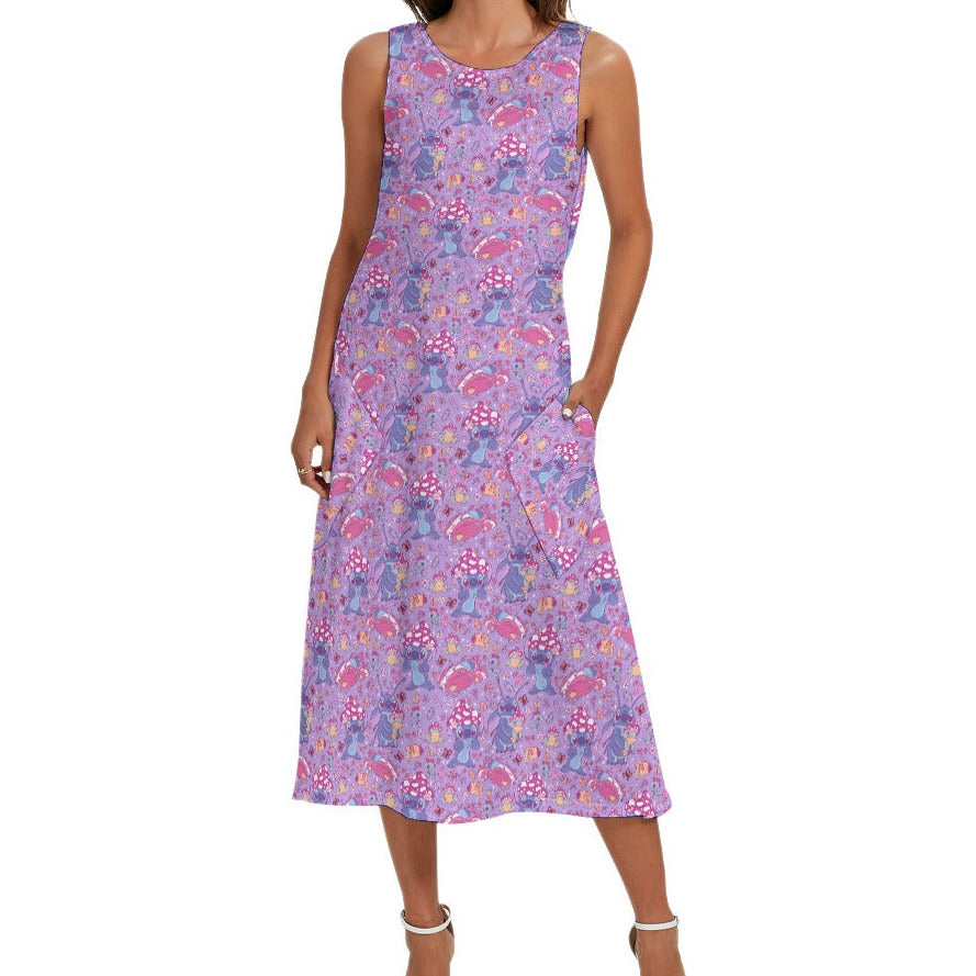 Blue Alien Mushroom Mischief - Women’s Diagonal Pocket Midi Dress