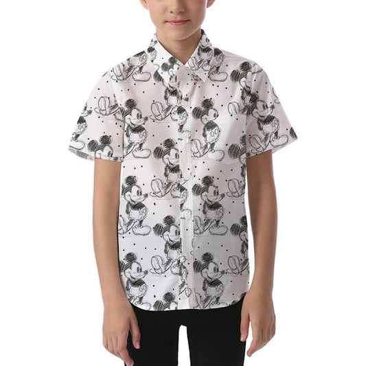 Kids' Button Down Short Sleeve Shirt - 2 - Sketch of Mickey Mouse -  READY TO SHIP