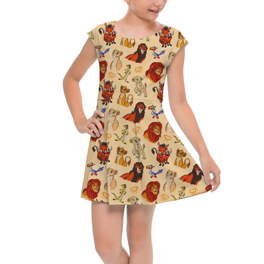 Girls Cap Sleeve Pleated Dress - 12 - Sketched Lion King Friends - READY TO SHIP