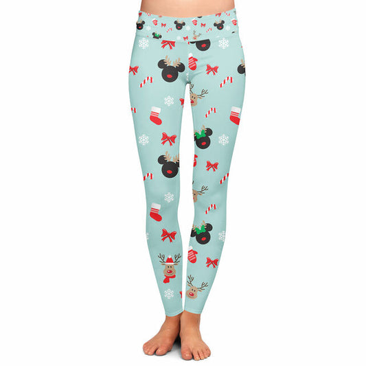Yoga Waist Full Length Leggings - Adult XS / Girl's 8-10 - Christmas Mickey & Minnie Reindeer - READY TO SHIP