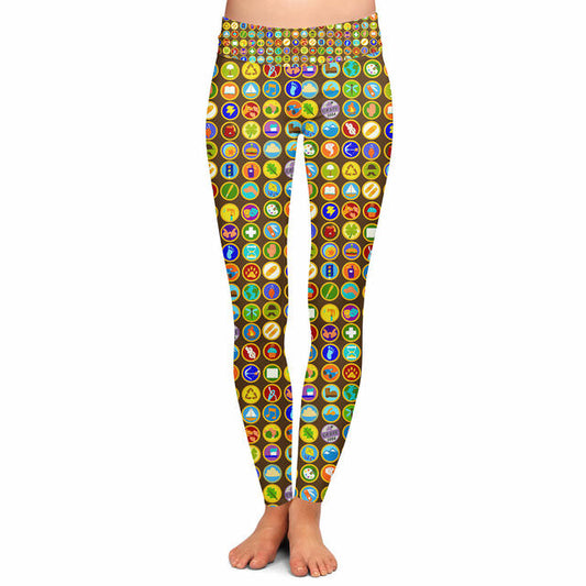 Yoga Waist Full Length Leggings - Adult S / Girl's 10-12 - Wilderness Explorer Badges Up Inspired - PREMIUM READY TO SHIP