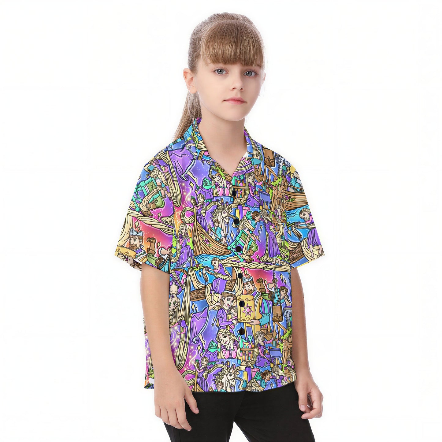 Golden Hair Storybook Scenes - Kid's Hawaiian Button Up Shirt