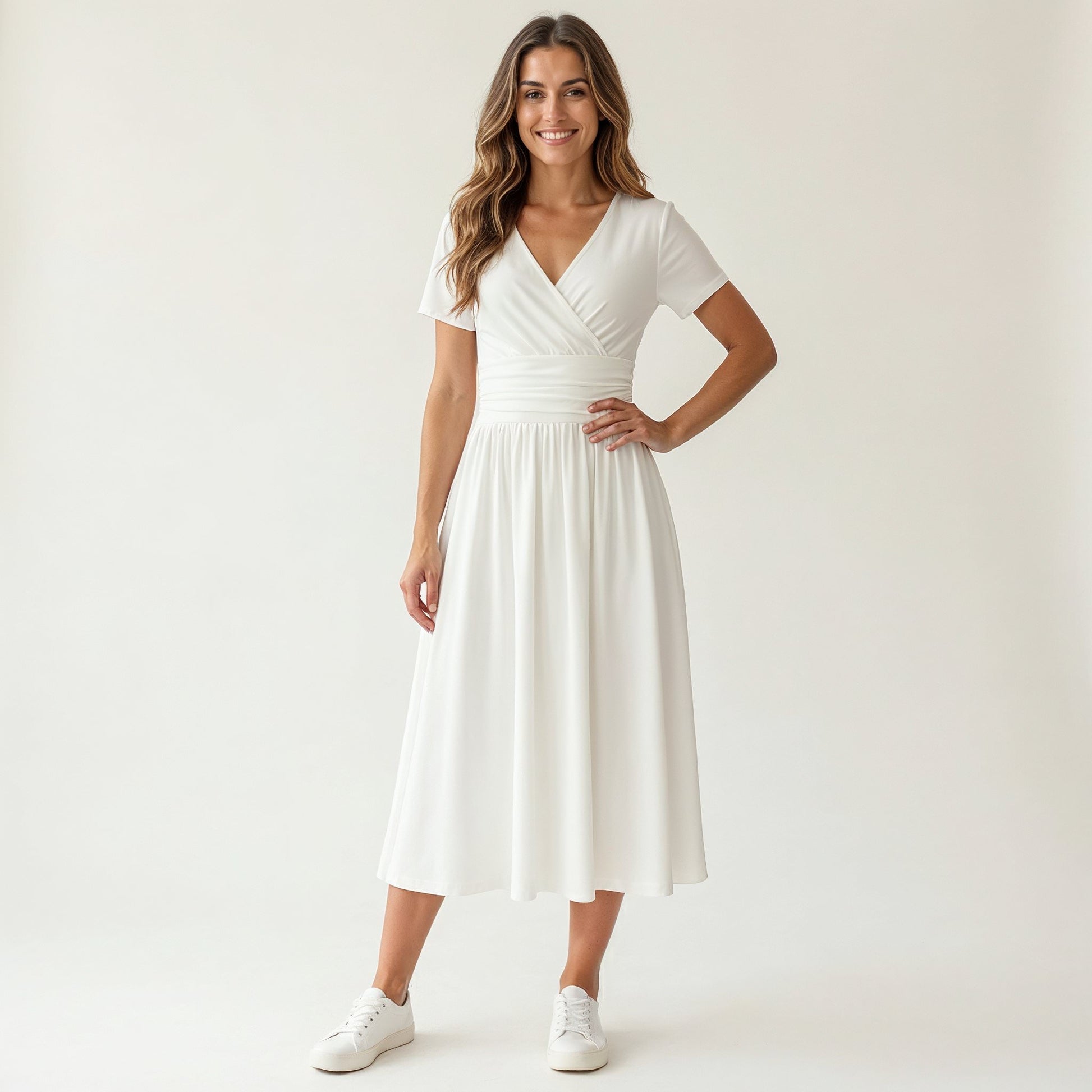 white v neck midi dress Pick Any Print from our Shop