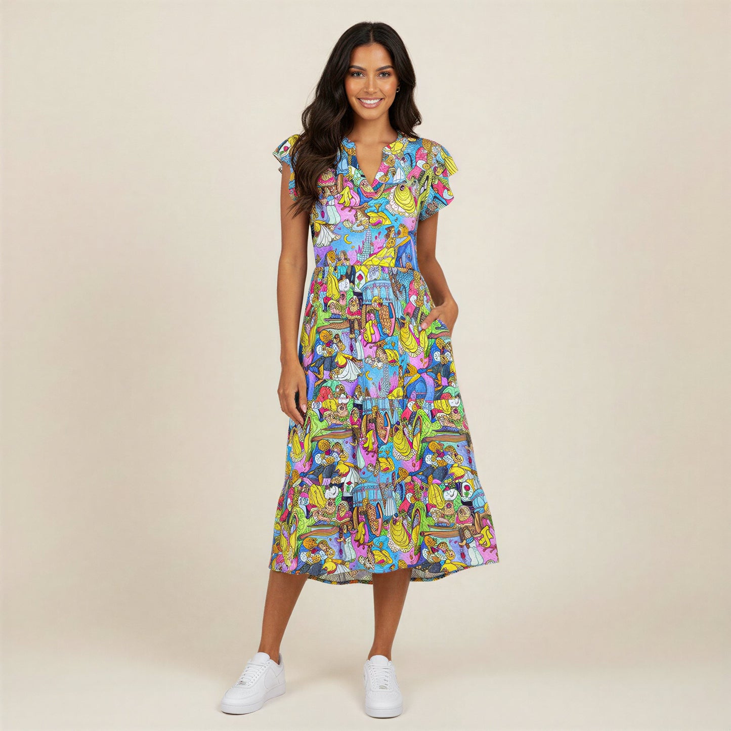 Enchanted Tale Storybook Scenes - Women's Tiered Pocket Midi Dress