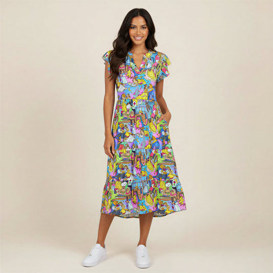 Enchanted Tale Storybook Scenes - Women's Tiered Pocket Midi Dress