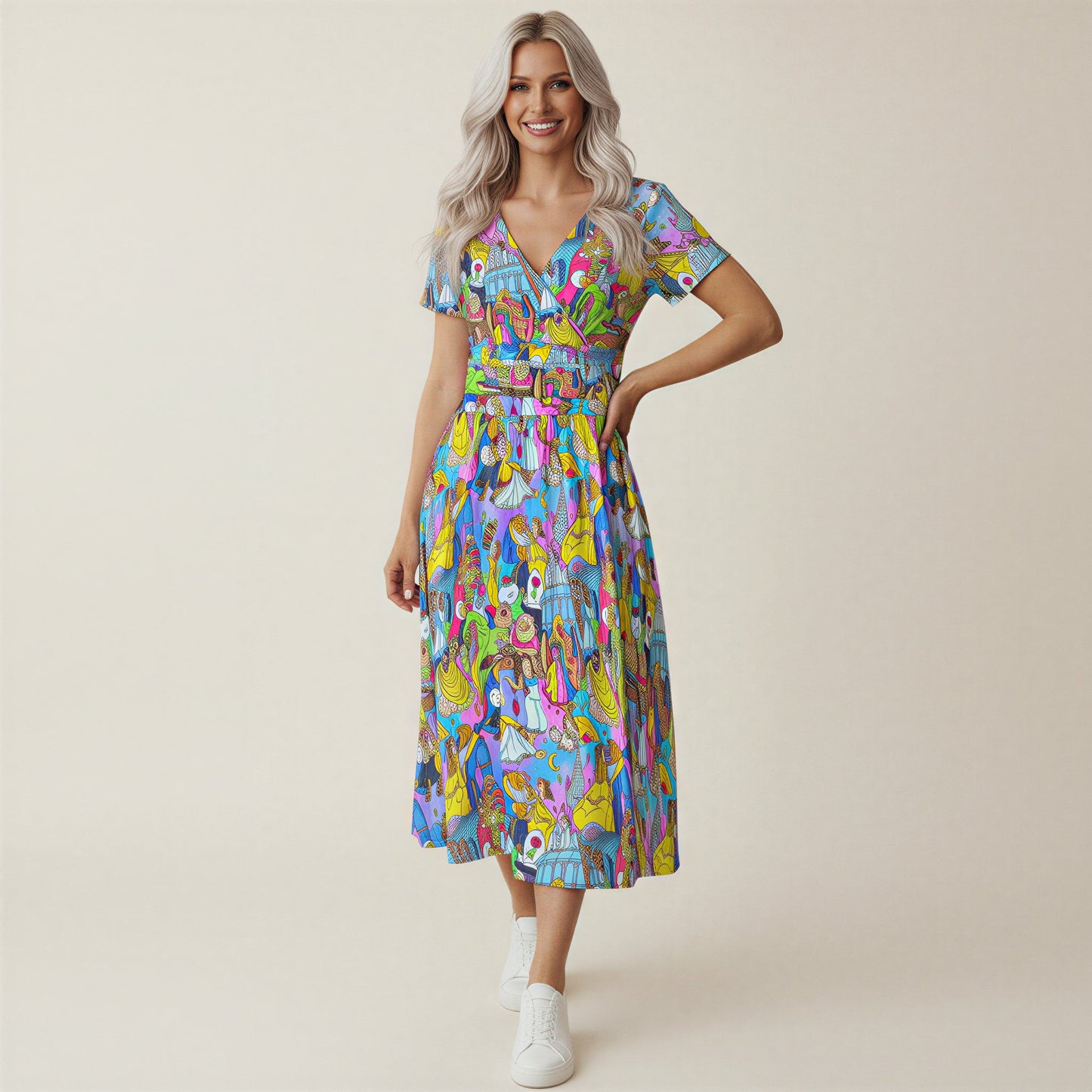 Enchanted Tale Storybook Scenes - Women's V-Neck Ruched Midi Dress