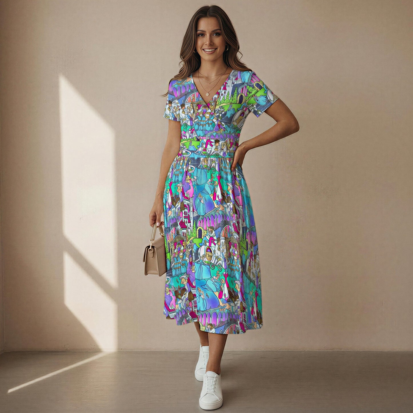 Glass Slipper Storybook Scenes - Women's V-Neck Ruched Midi Dress