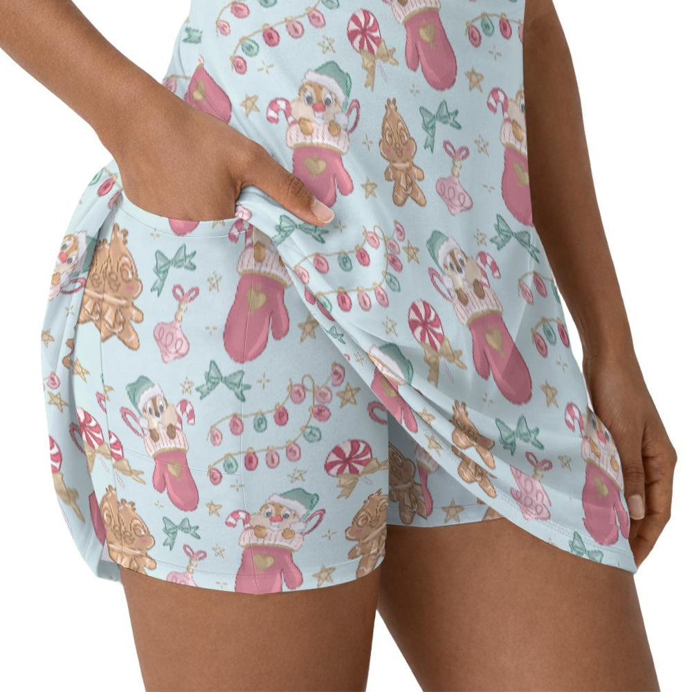 Cheeky Chipmunks Candy Cane Cheer - Women’s Sleeveless Athletic Skater Dress with Built-In Shorts