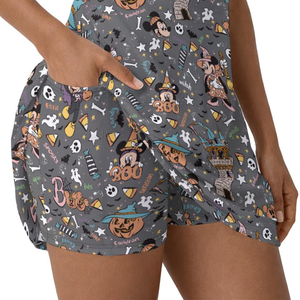 Spooky Spellbook Doodles - Women’s Short Sleeve Athletic Skater Dress with Built-In Shorts