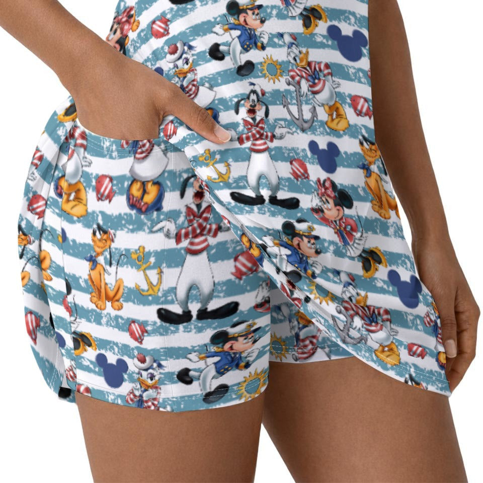 Cruise Crew on Deck - Women’s Short Sleeve Athletic Skater Dress with Built-In Shorts