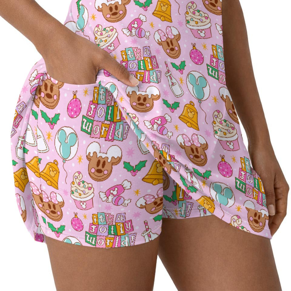 Tiny World Christmas Sugar Rush - Women’s Short Sleeve Athletic Skater Dress with Built-In Shorts