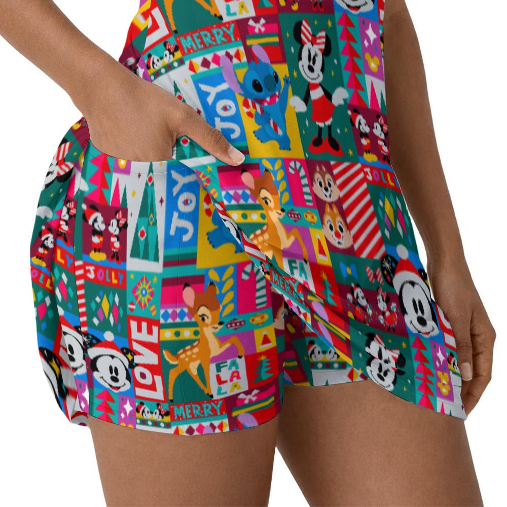 Mouse Christmas Colorblock - Women’s Sleeveless Athletic Skater Dress with Built-In Shorts