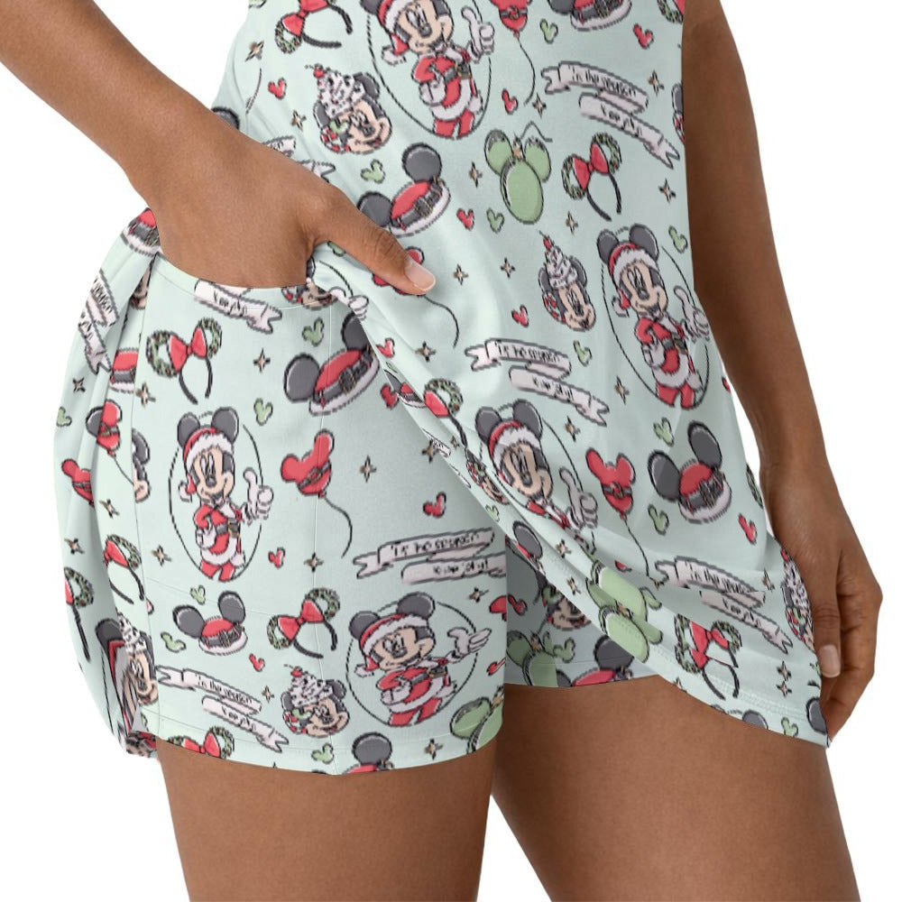 Mouse Pair Jolly Holiday - Women’s Sleeveless Athletic Skater Dress with Built-In Shorts