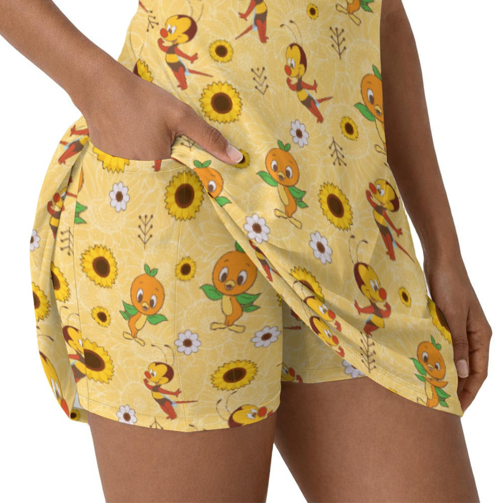 Cheerful Bee & Citrus Bird - Women’s Sleeveless Athletic Skater Dress with Built-In Shorts