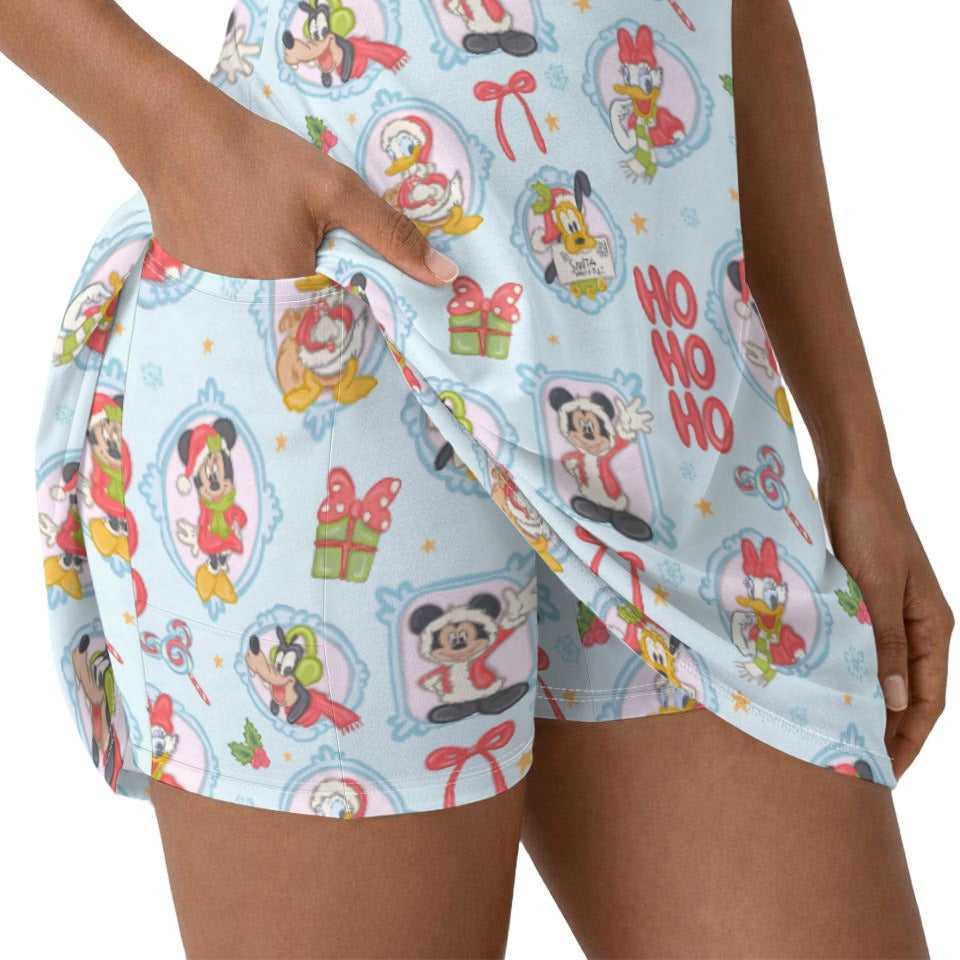 Holiday Character Ho Ho Cameos - Women’s Short Sleeve Athletic Skater Dress with Built-In Shorts