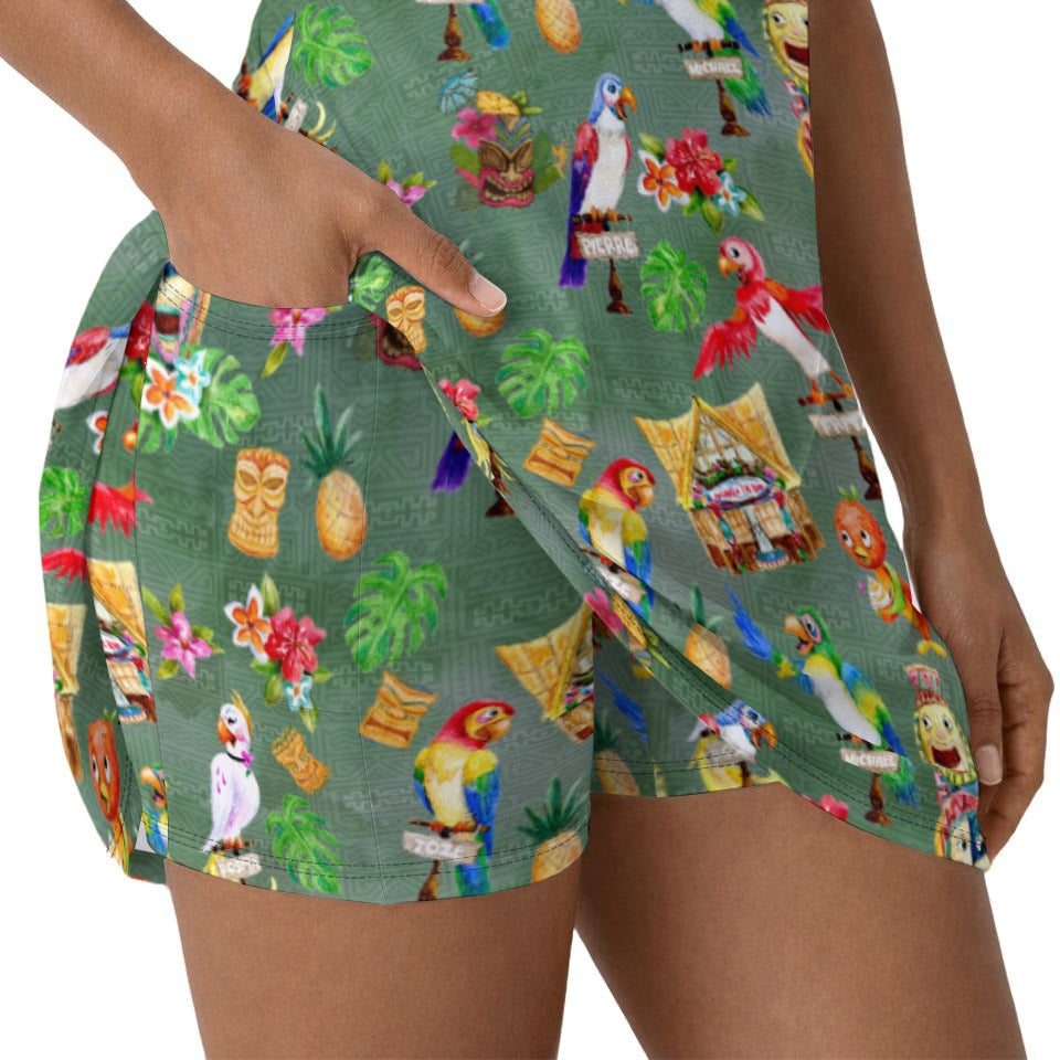 Orange Bird &amp; Tiki Friends - Women’s Short Sleeve Athletic Skater Dress with Built-In Shorts