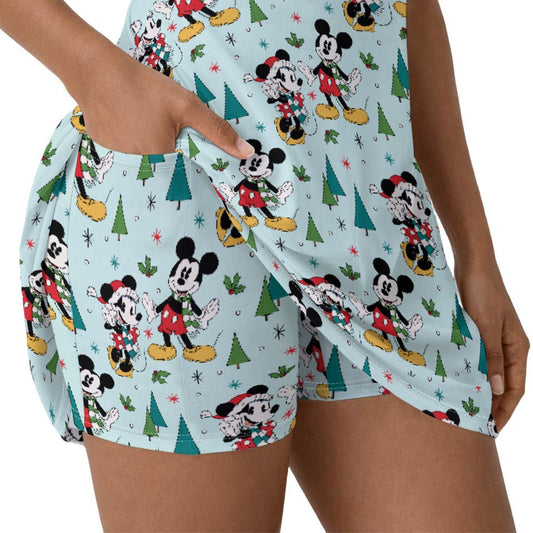 Mouse Friends Evergreen Stroll - Women’s Short Sleeve Athletic Skater Dress with Built-In Shorts