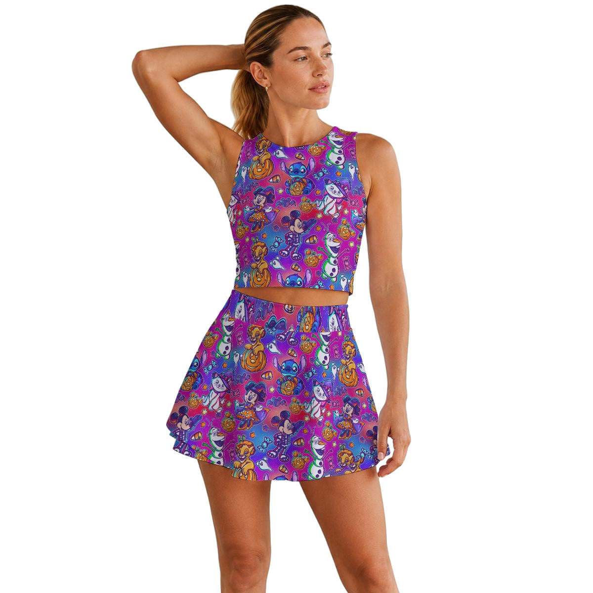 Classic Character Halloween Mashup - Women’s Athletic Skort Set with Open-Back Crop Top