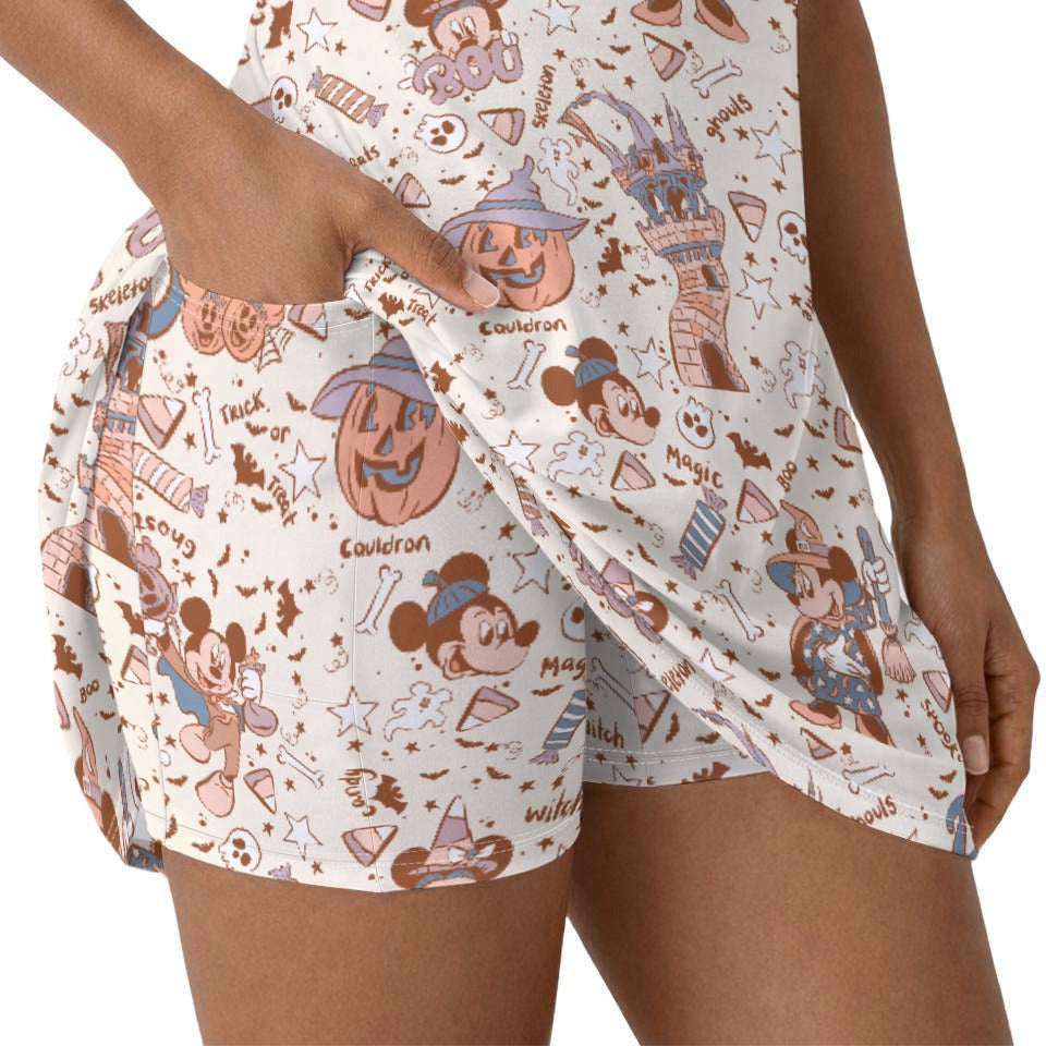 Vintage Halloween Doodles - Women’s Short Sleeve Athletic Skater Dress with Built-In Shorts