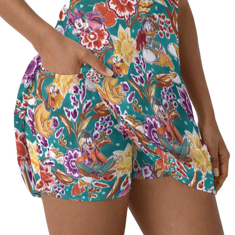 Mouse and Friends Fall Garden - Women’s Sleeveless Athletic Skater Dress with Built-In Shorts