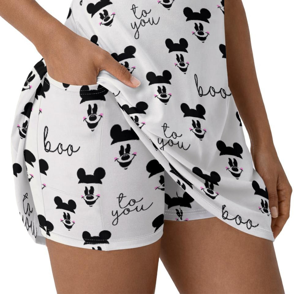 Spooky Mouse Greetings - Women’s Short Sleeve Athletic Skater Dress with Built-In Shorts