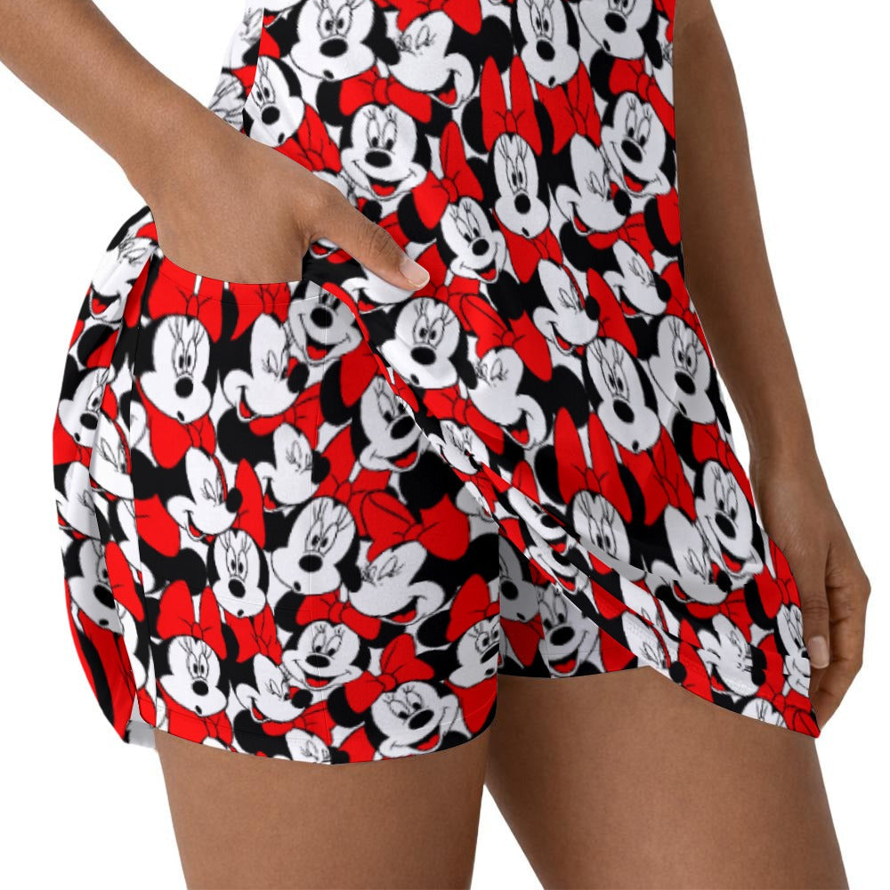 Many Faces of Polka Dot Mouse - Women’s Sleeveless Athletic Skater Dress with Built-In Shorts