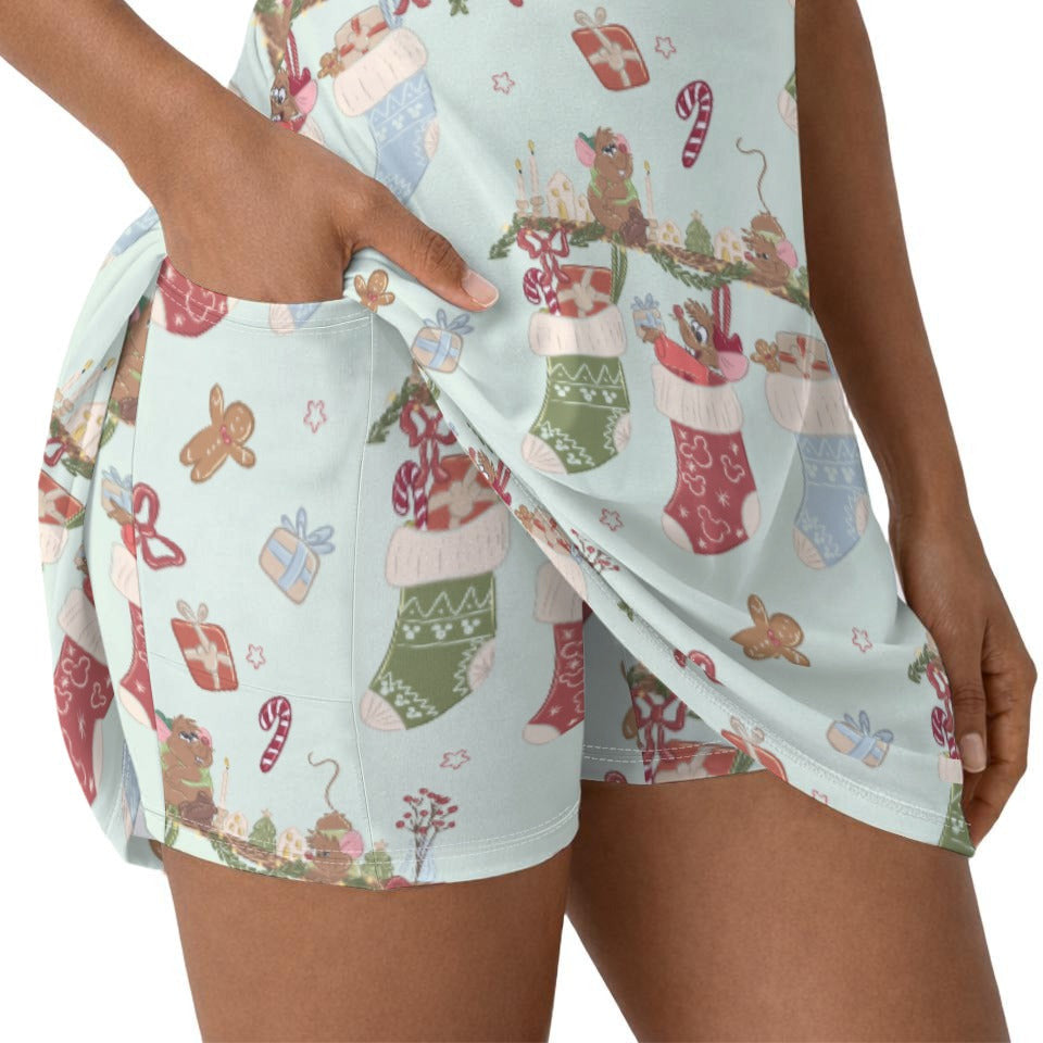 Fairytale Christmas Stocking Stowaways - Women’s Short Sleeve Athletic Skater Dress with Built-In Shorts